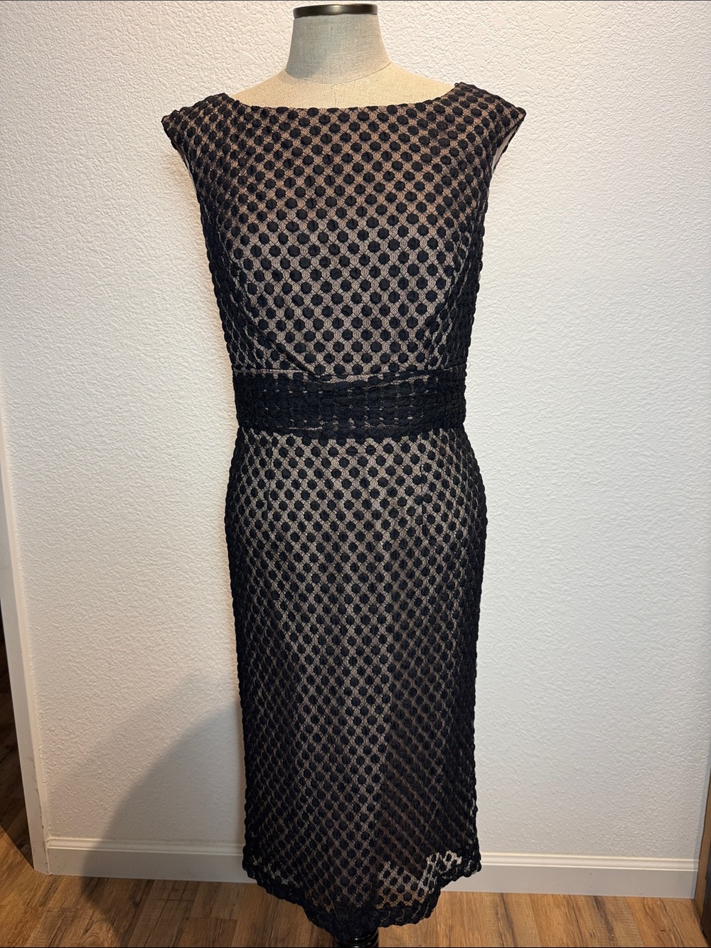 Adrianna Papell Black Lace Dot Midi Dress